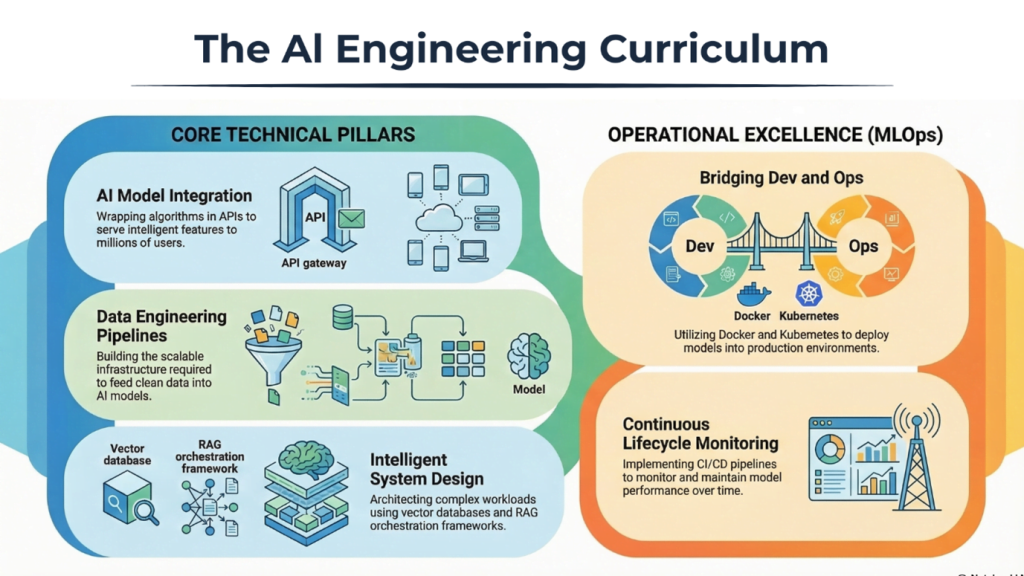 The AI Engineering Curriculum infographic showing core technical pillars like AI model integration, data engineering pipelines, and MLOps.