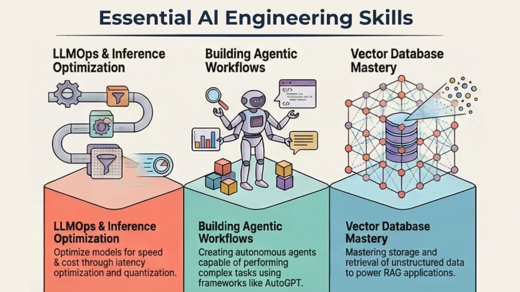 Essential AI Engineering Skills for 2026: LLMOps & Inference Optimization, Building Agentic Workflows, and Vector Database Mastery.
