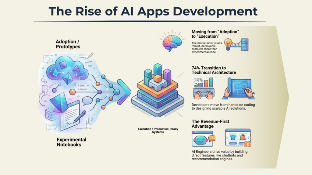 Infographic on the Rise of AI Apps Development showing the shift from adoption and prototypes to execution and production-ready systems.