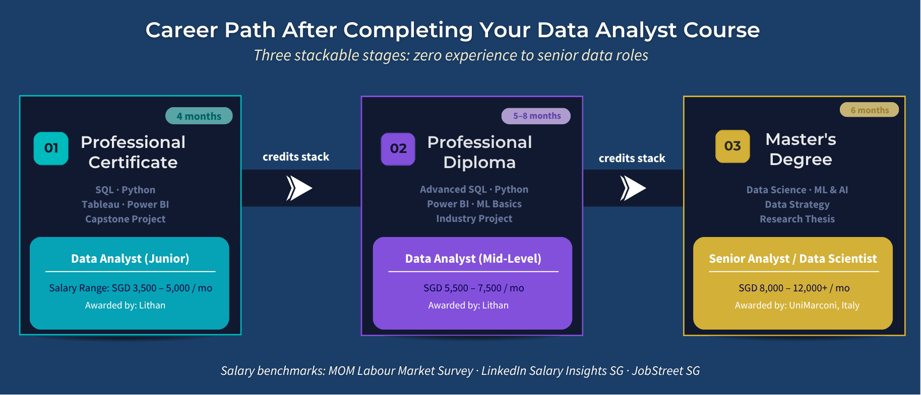 Data analyst career path: Professional Certificate to Master's Degree with SGD salary benchmark