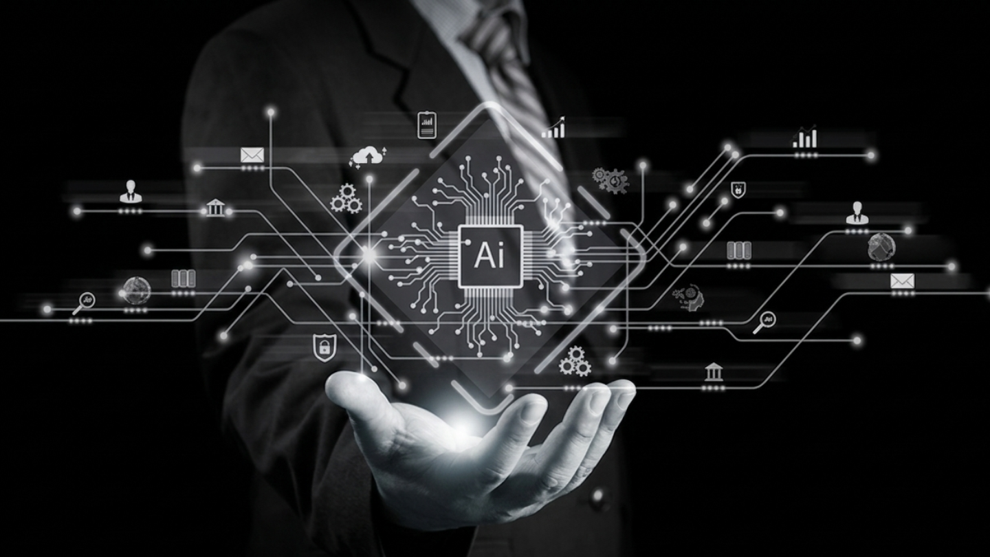 Business professional holding a glowing AI interface with connected digital icons, representing artificial intelligence transforming industries