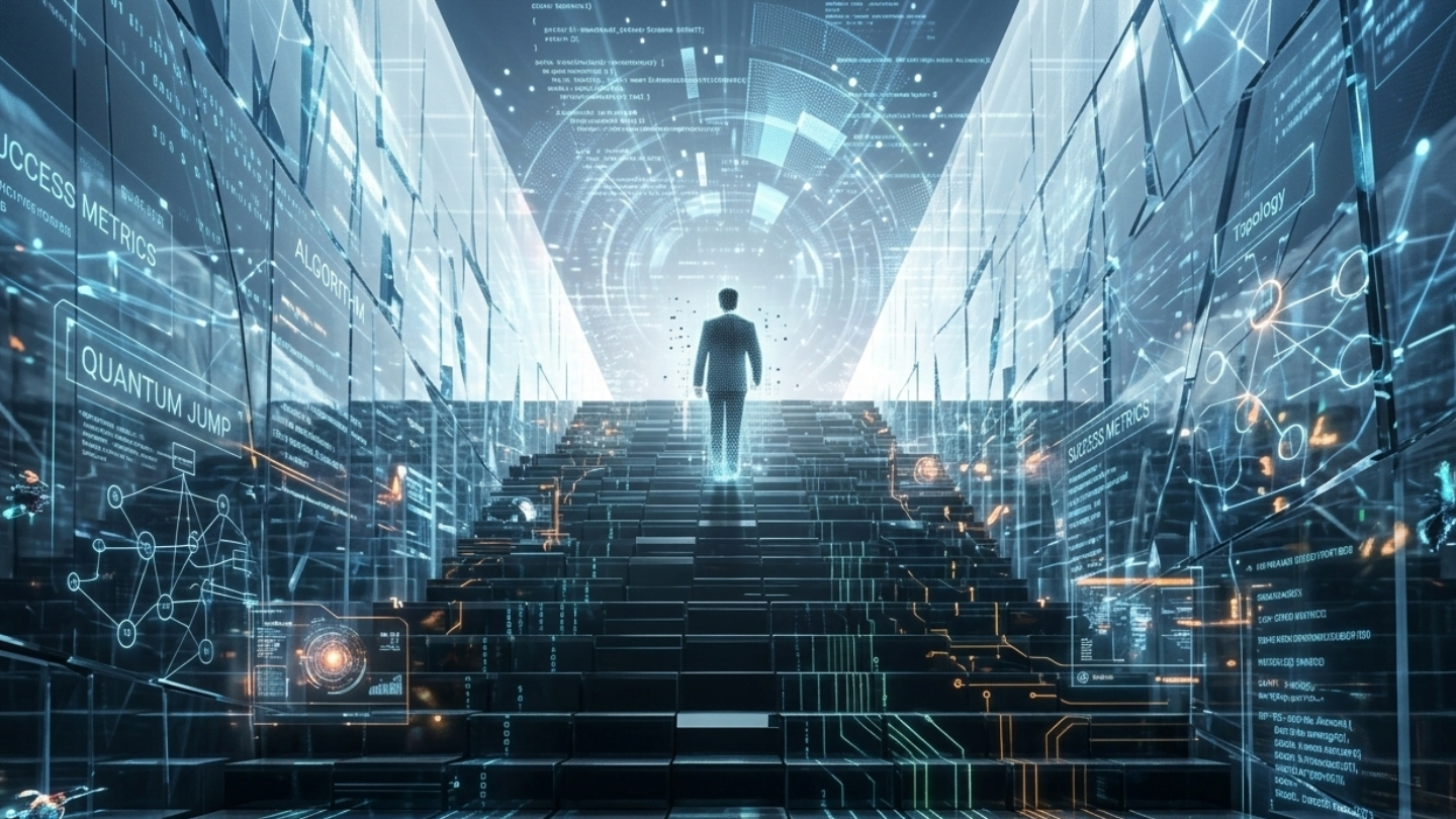 Futuristic illustration of a business professional climbing upward steps, symbolizing the capabilities digital leaders must develop to advance.