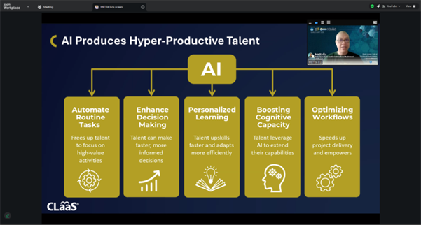 Session slide: AI can automate routine tasks, enhance decision-making, personalize learning, boost cognitive capacity, and optimize workflows.