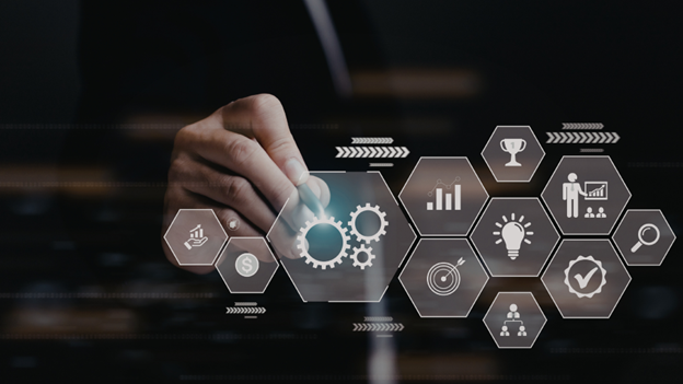 Business professional interacting with digital interface icons symbolizing innovation, analytics, and technology adoption for adaptive SMEs