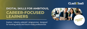Career-focused digital skills banner for CLaaS2SaaS featuring two working professionals in an office setting, highlighting industry-relevant programs and job-ready skills for future-ready professionals.