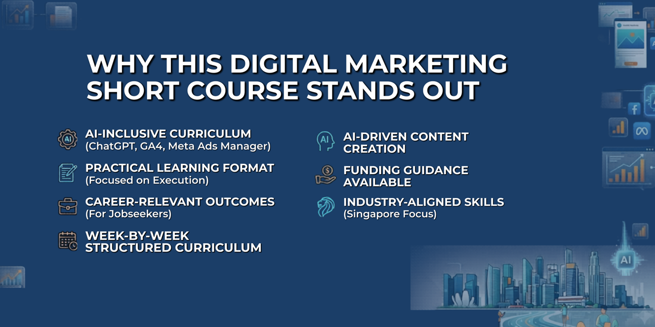 Infographic explaining why this digital marketing short course stands out, featuring AI-inclusive curriculum with ChatGPT, GA4, Meta Ads, and industry-aligned skills in Singapore.