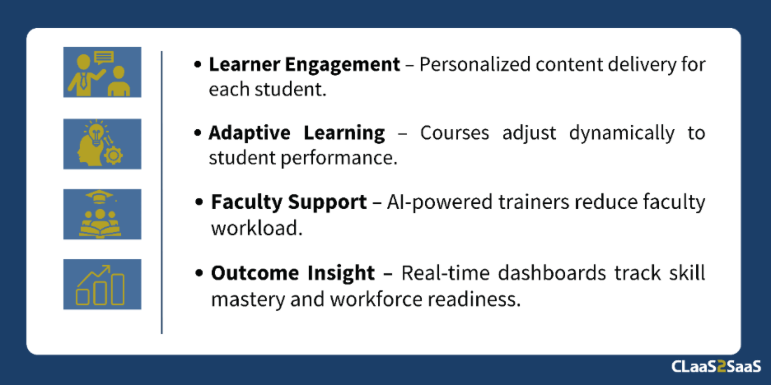 Key benefits of adaptive learning highlighting learner engagement, adaptive learning, faculty support, and outcome insights.