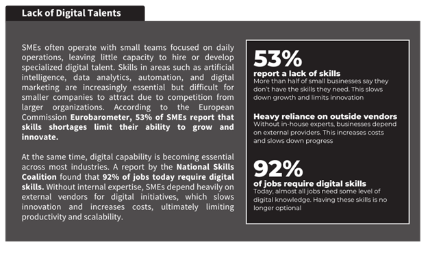 Infographic showing digital talent shortage in SMEs, highlighting that 53% report skill gaps and 92% of jobs require digital skills, leading to reliance on external vendors
