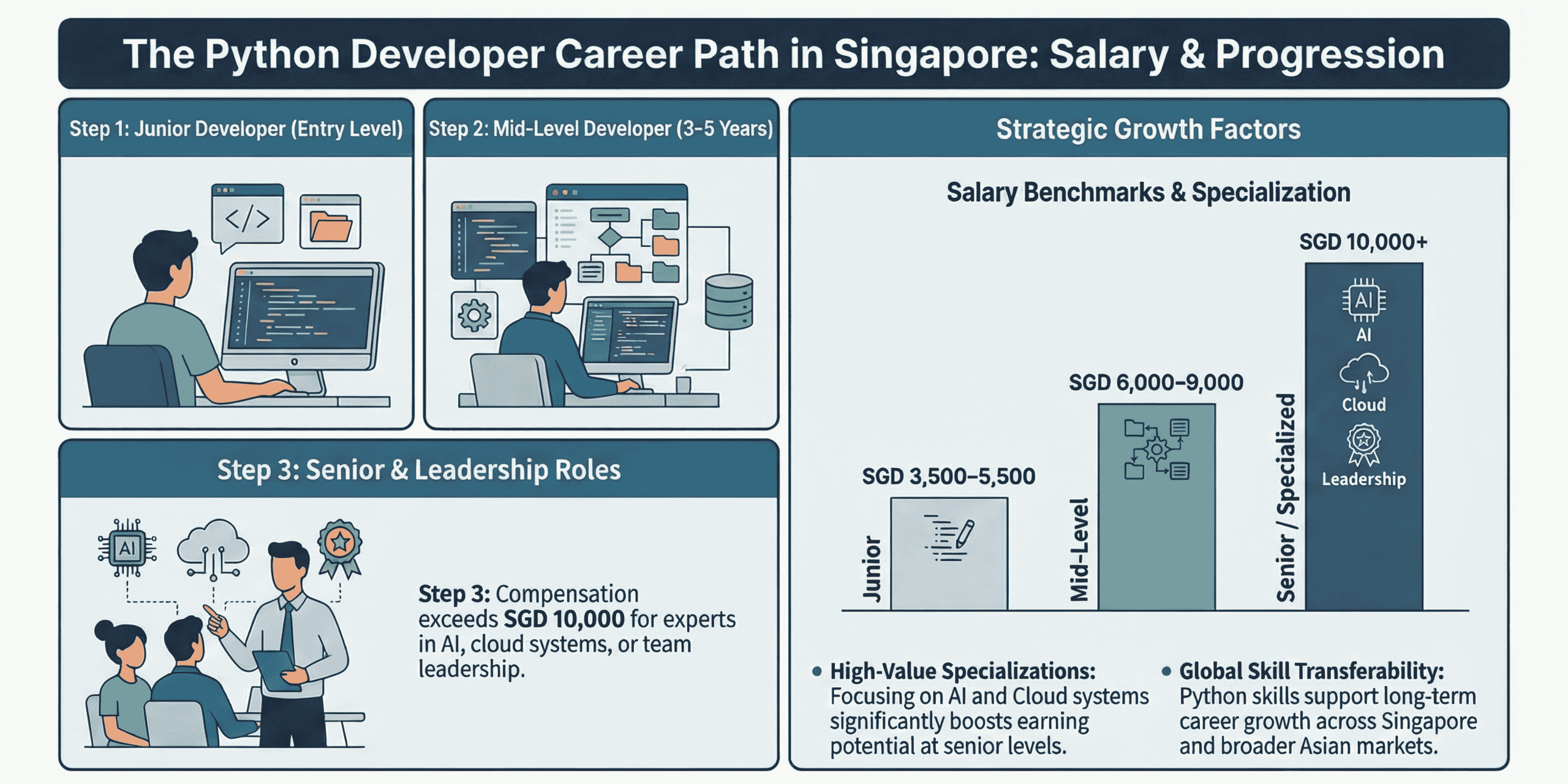 Python developer career path and salary progression in Singapore from junior to senior roles with specialization and growth factors