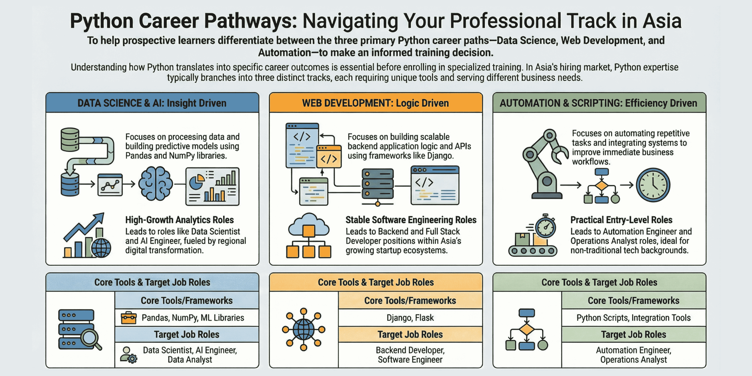 Python career pathways in Asia showing data science, web development, and automation tracks with tools, roles, and job outcomes