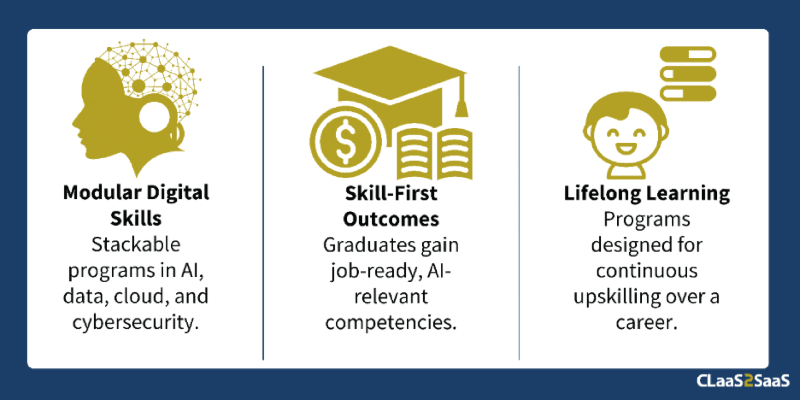 Digital career framework showing modular digital skills, skill-first outcomes, and lifelong learning programs for AI-relevant upskilling. 