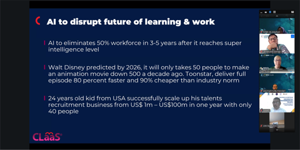 Session slide: AI’s expected disruption of learning and work framed the urgency for higher education transformation.