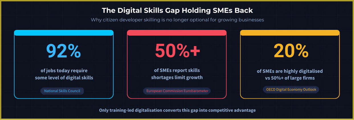 Infographic on the SME digital skills gap showing 92% of jobs need digital skills, 50% of SMEs face shortages, and 20% are highly digitalized.