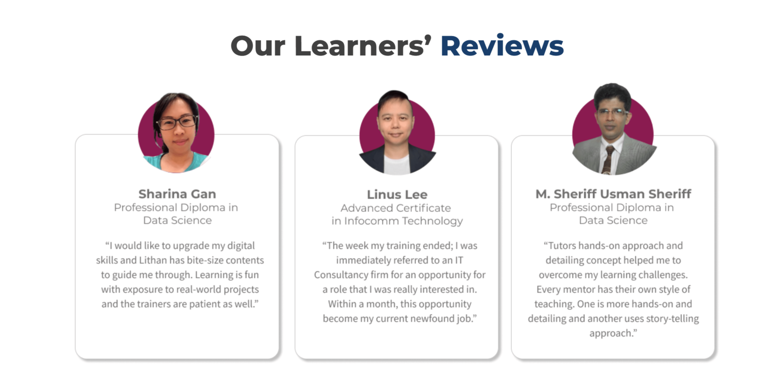 Testimonials section featuring three learner reviews describing career progression and training outcomes after completing CLaaS2SaaS programmes.