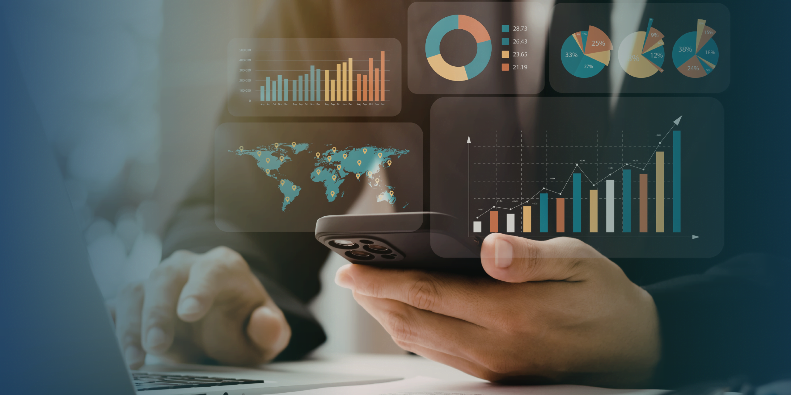 Data analytics and artificial intelligence dashboard showing business performance metrics, predictive insights, and optimization reports on a mobile device.