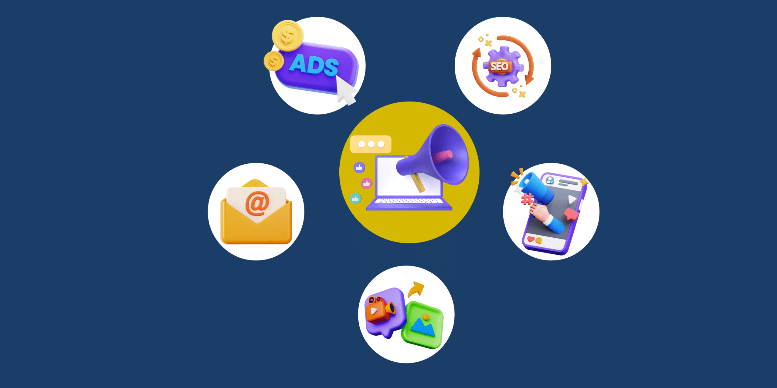 Digital marketing skills infographic featuring SEO, paid advertising, email marketing, social media, and content creation.