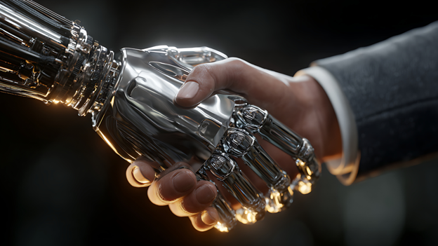 A detailed close-up of a symbolic handshake between a human hand and a shiny, metallic robotic hand, representing the integration of human capability and artificial intelligence.