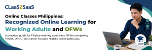 CLaaS2SaaS banner for online classes in the Philippines, showing a working adult learner using a laptop for recognized online learning.