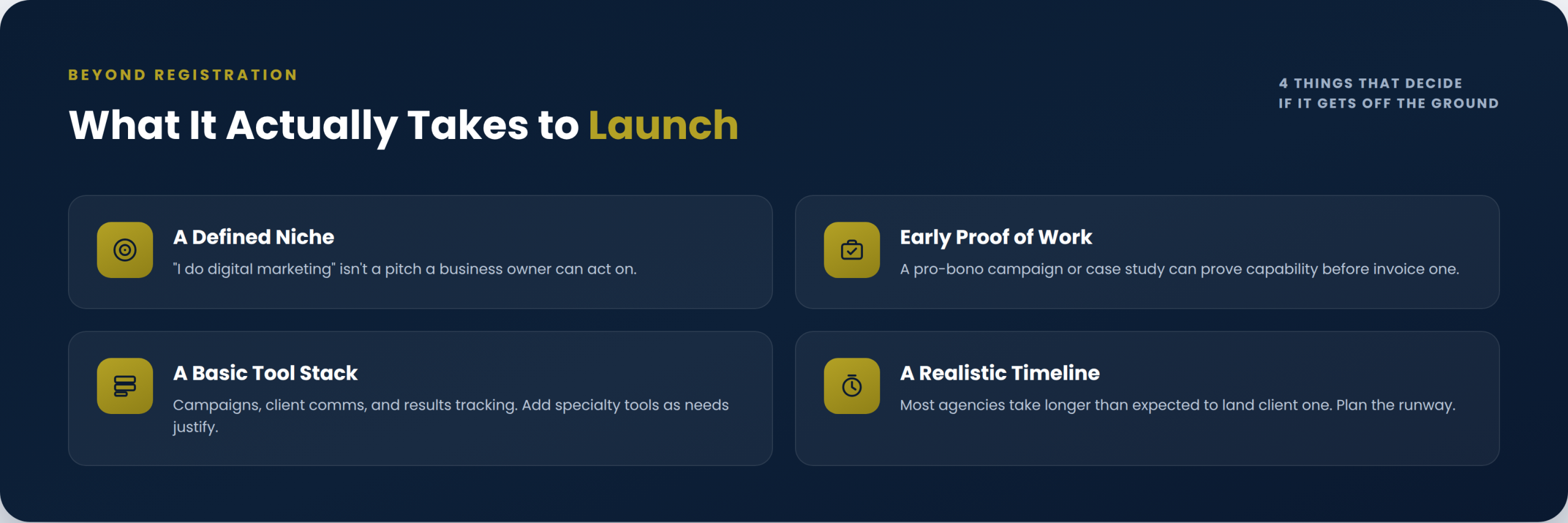 Four pillars of starting a digital marketing agency: niche, proof of work, tools, and runway