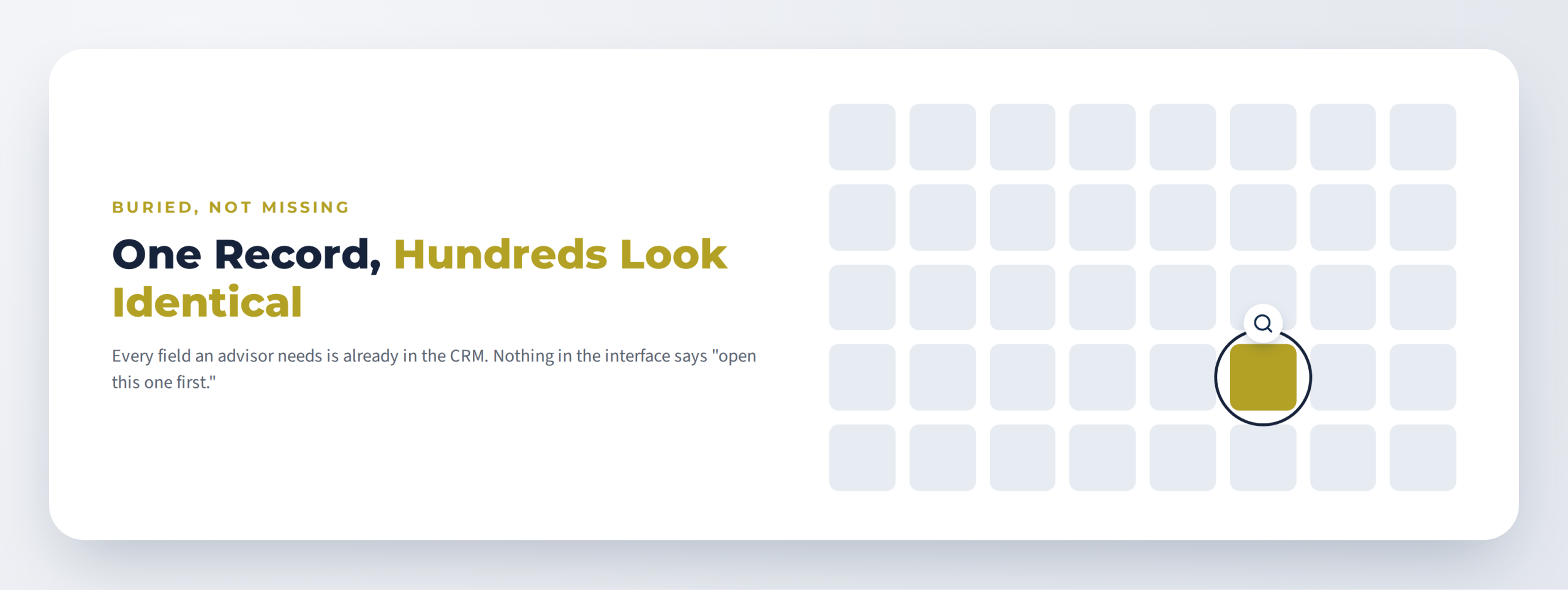 Spotlight highlighting one at-risk student record hidden among a grid of identical-looking CRM entries