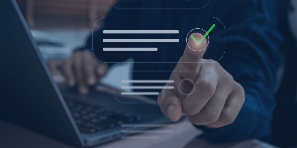 Person approving a task on a digital checklist interface, representing human oversight in AI agent governance